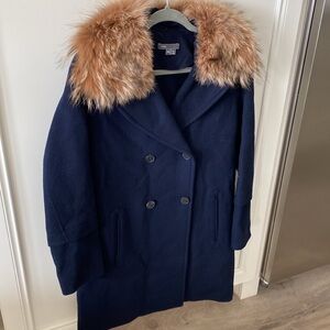 Vince Navy 3/4 Length Pea Coat with removable Coyote fur collar size XS
